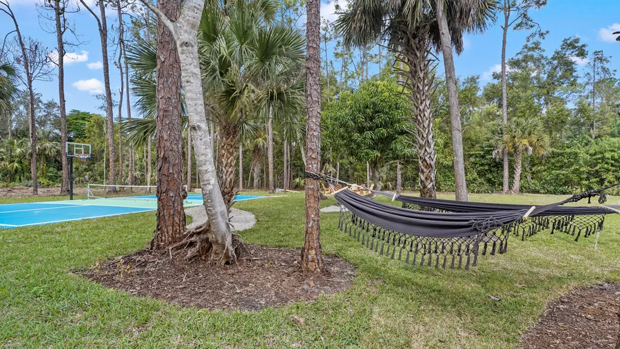 Hammock strung between palms on the open lawn near the sport court, The Naples Retreat, Naples FL