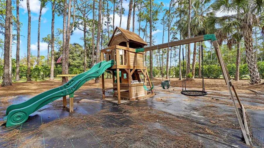 Wooden playset with slides, swings and saucer swing under tall pines, The Naples Retreat, Naples FL